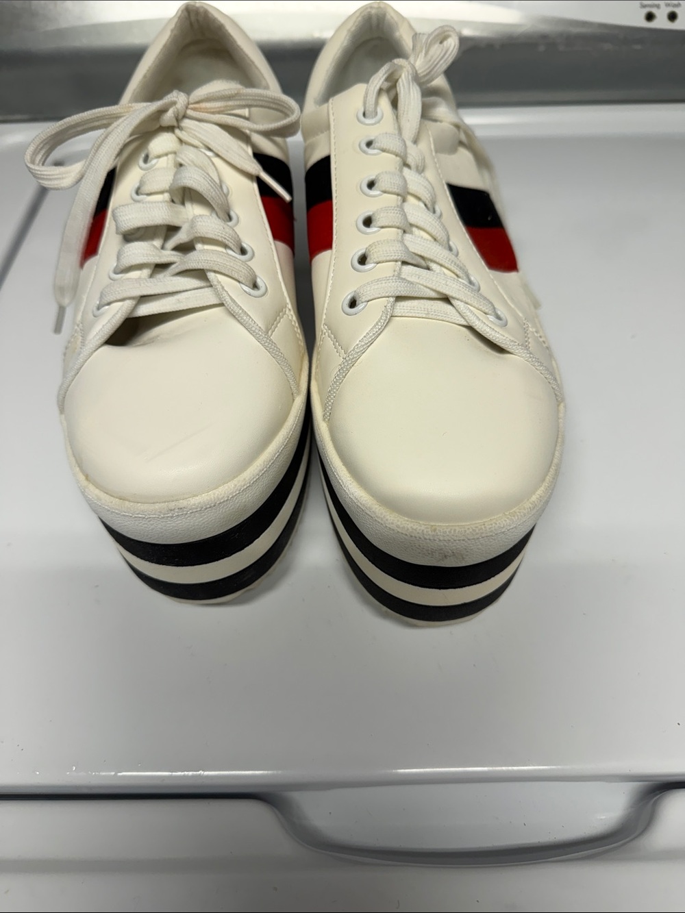 Classic White Platform Sneakers with Black & Red Stripe